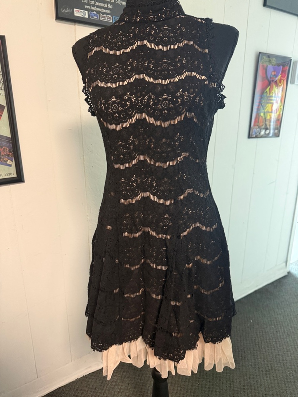 Trixxi Black Lace Mini Dress with Cream Ruffle
